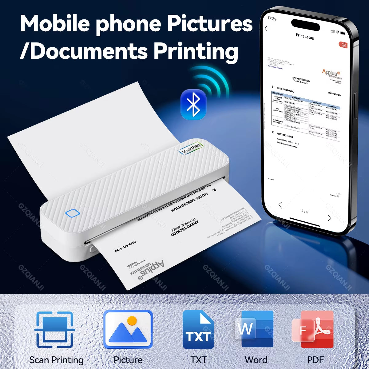 Mini Thermal Printer Bluetooth Portable Wireless A4 Maker with Paper Case for Mobile World PDF Picture Print Home Office USE